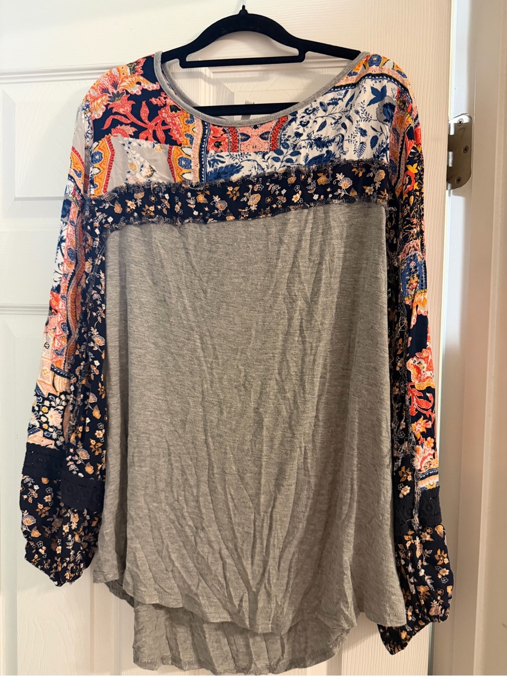 Patchwork Mixed-Print Long Sleeve Scoop Neck Top - Gray/Navy